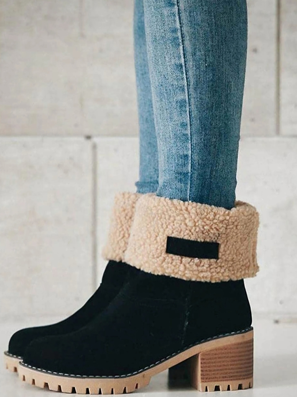 Black Suede Chunky Warm Ankle Booties with Cream Shearling Cuff Snow Boots